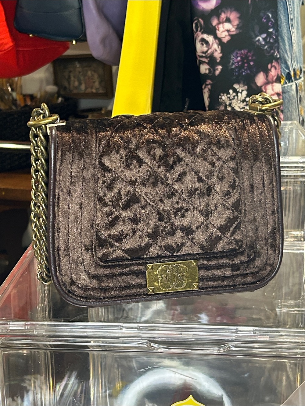 Sharif Brown Quilted Velvet Shoulder Bag with Chain Strap 8.25”x 3.25”x 6.5” New - Picture 6 of 8